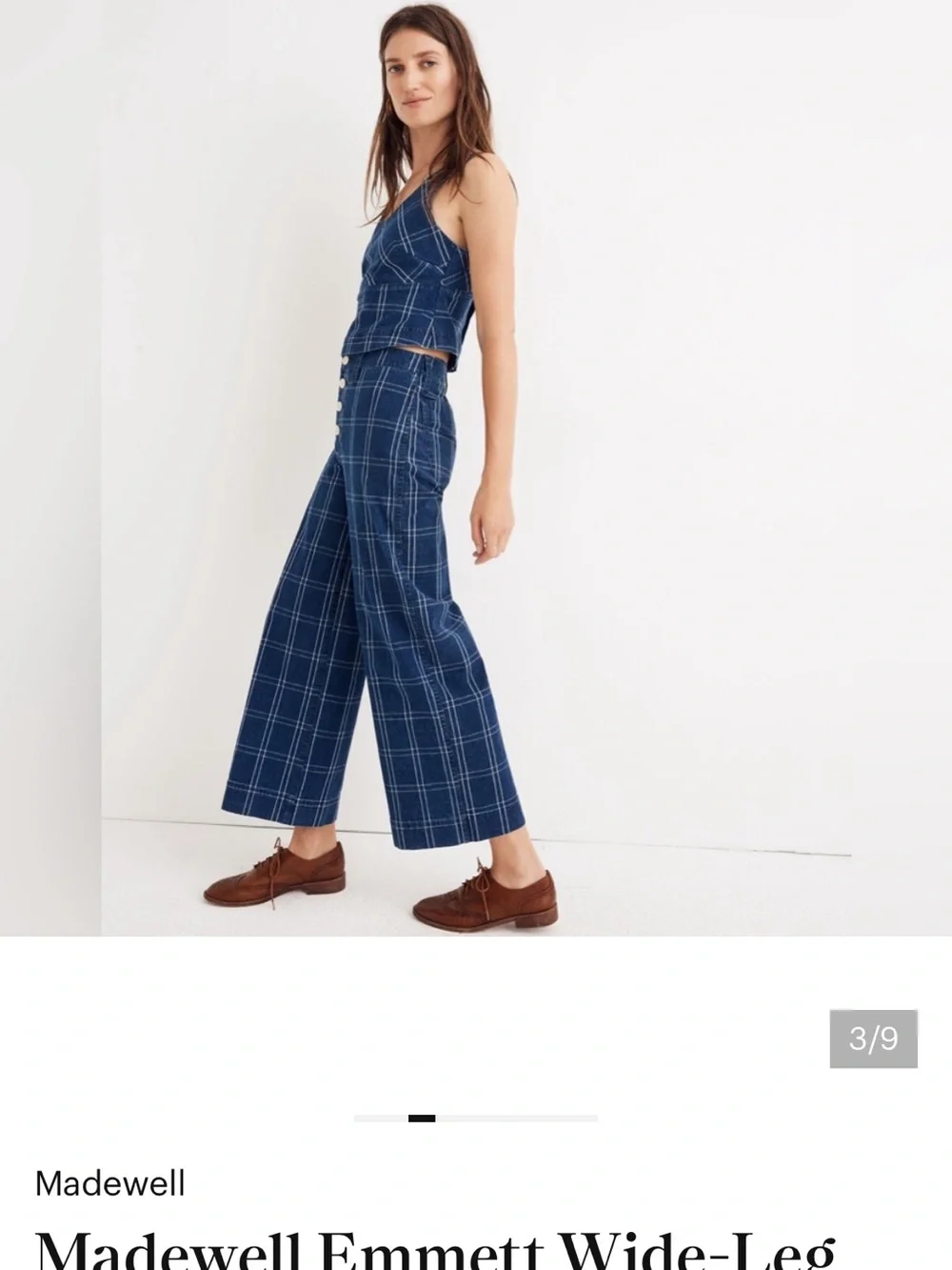 Madewell indigo plaid Tall Wide-Leg Crop Pants -  28 inseam  New - button tags